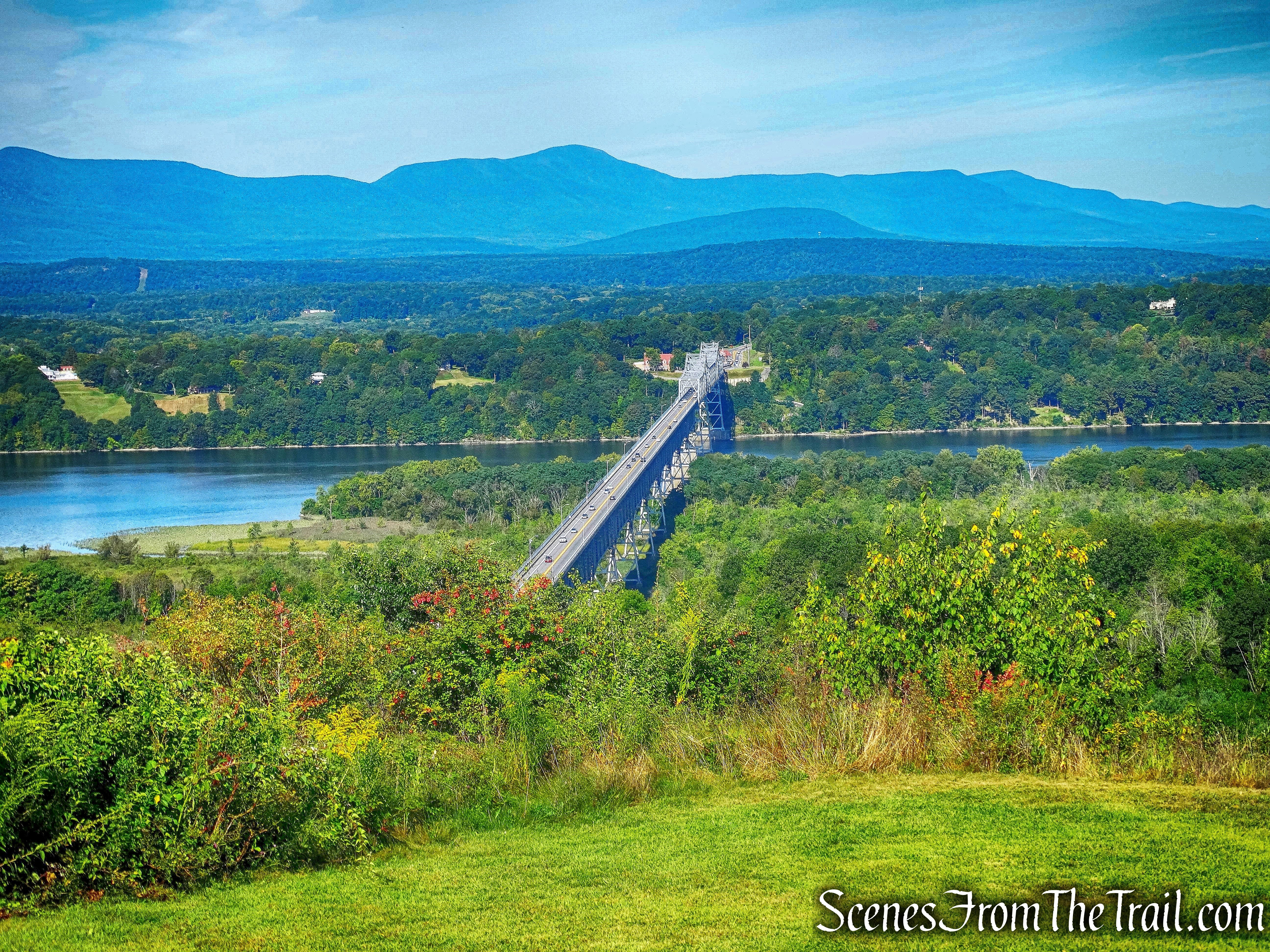 view of the Rip Van Winkle Bridge, the Hudson River and the Catskill Mountains
