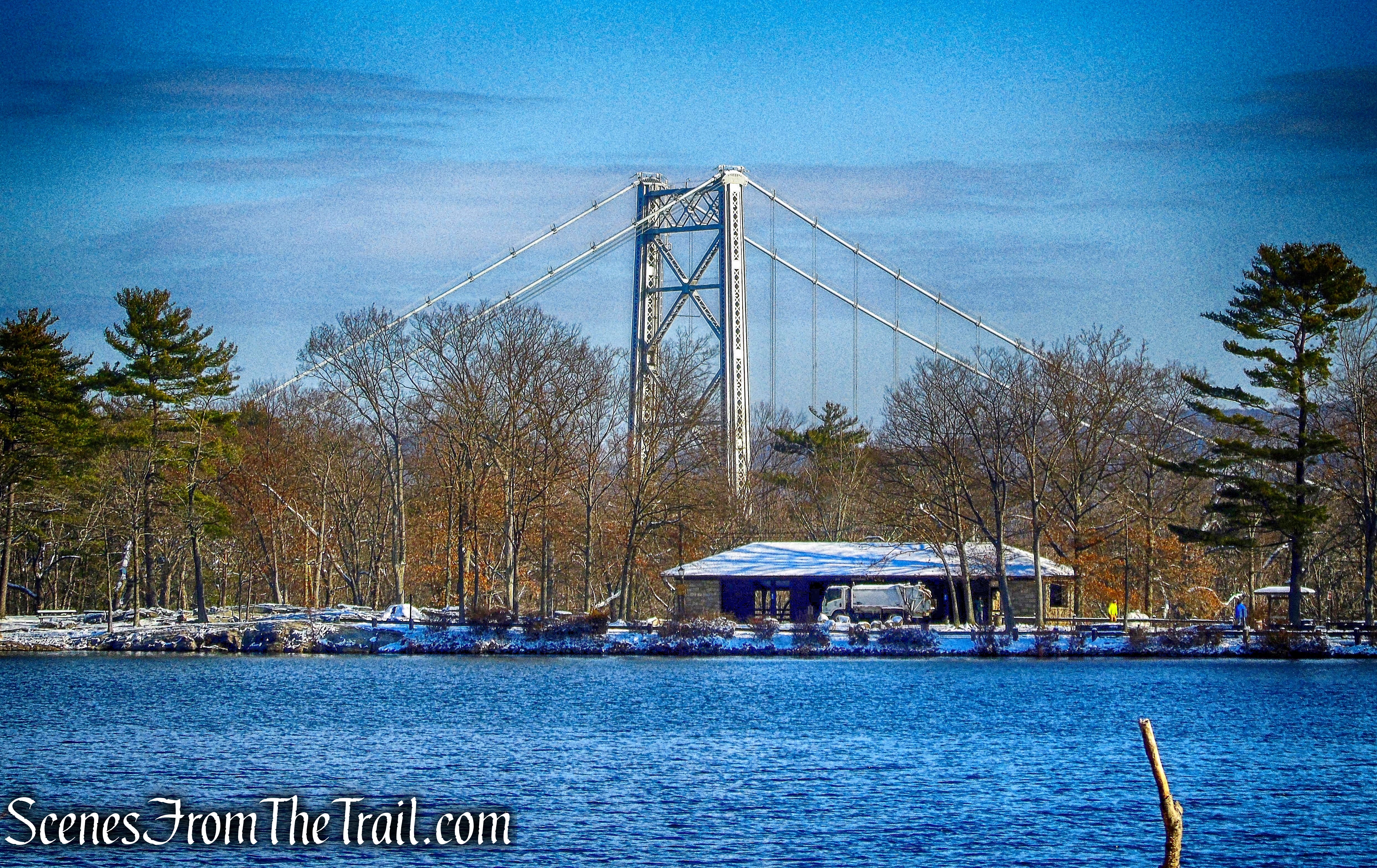 view of Bear Mountain Bridge from Hessian Lake