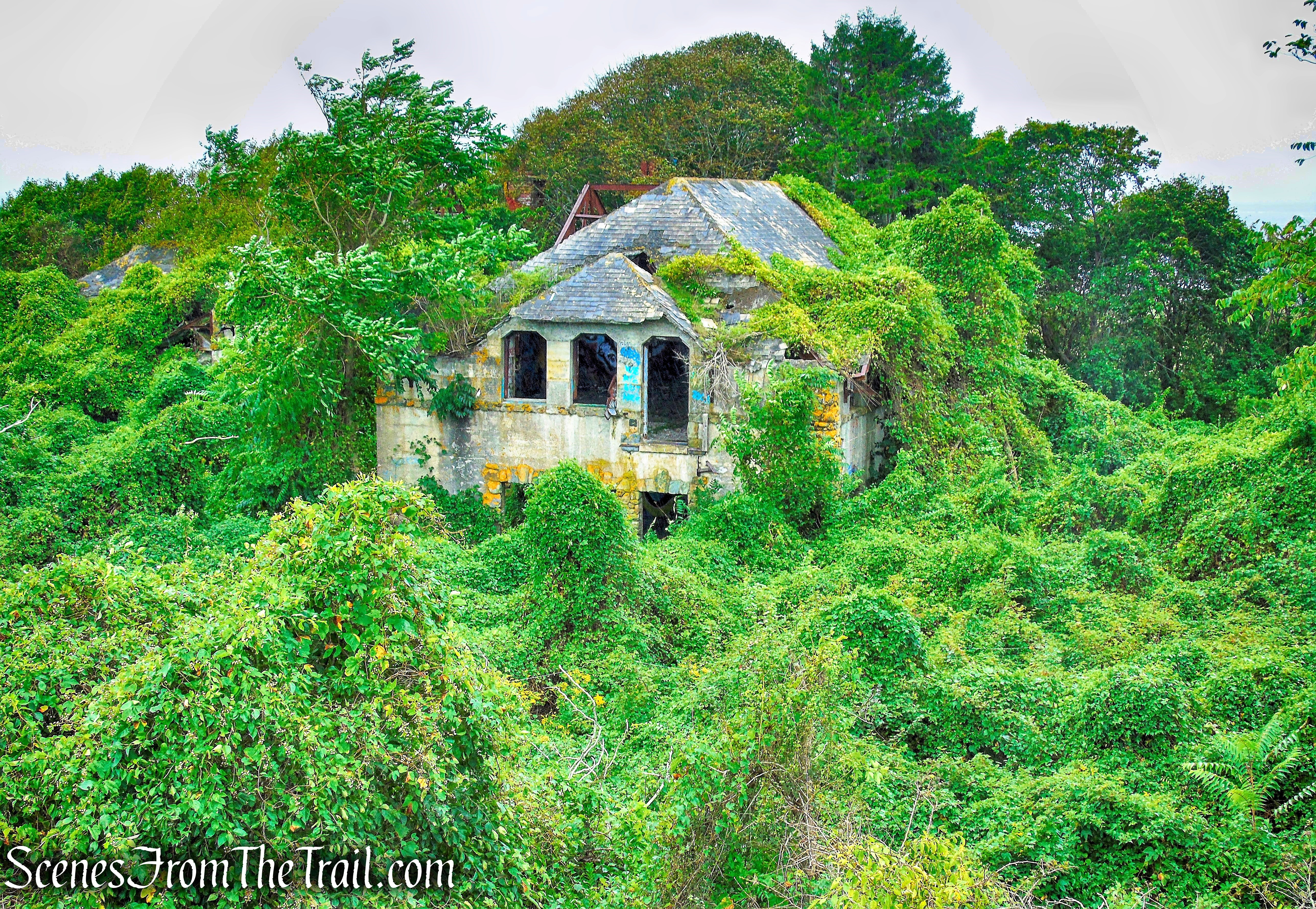 view of carriage house from observation tower - Brenton Point State Park