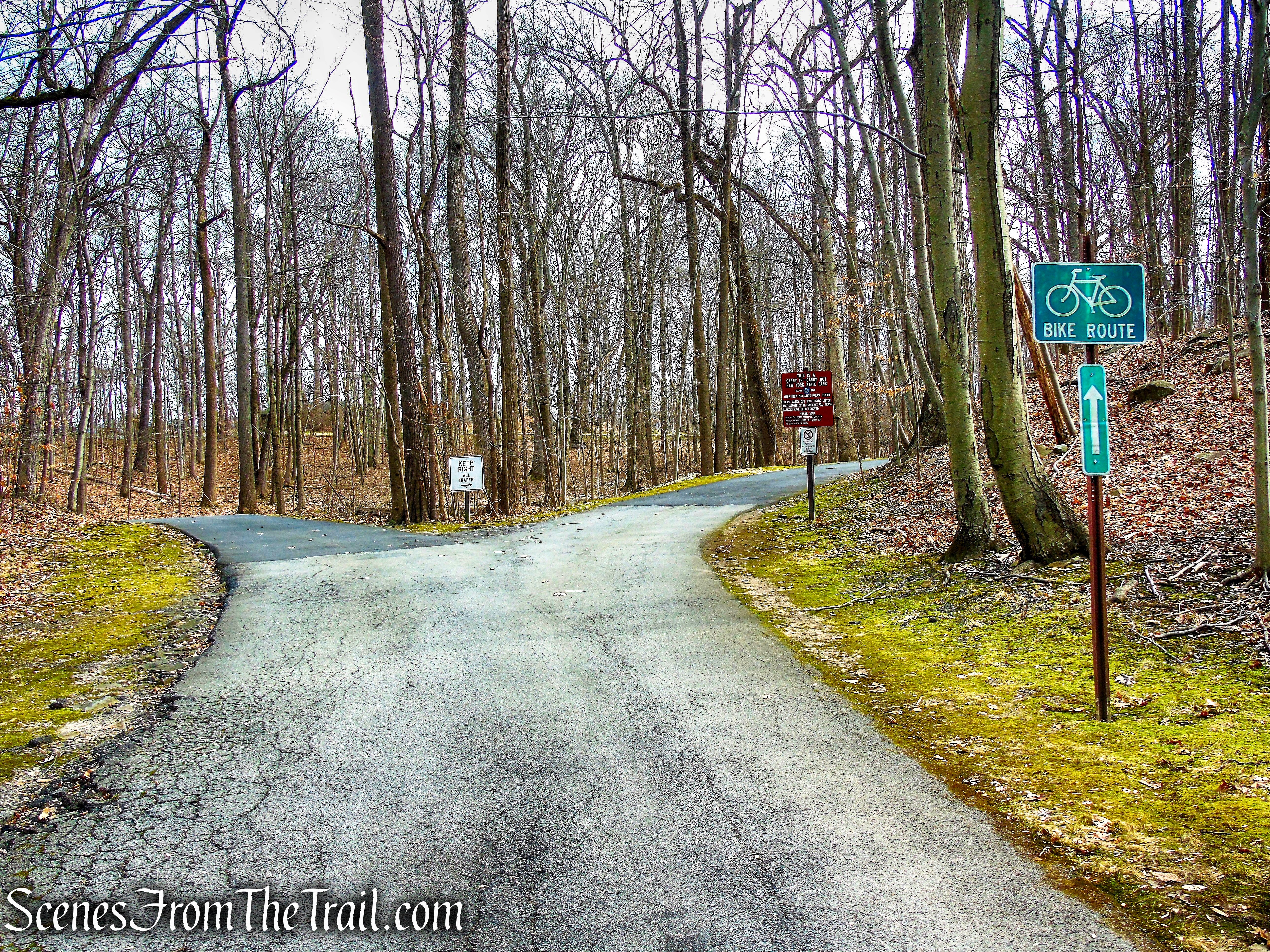 bear right at the fork, following the green “Bike Route” sign