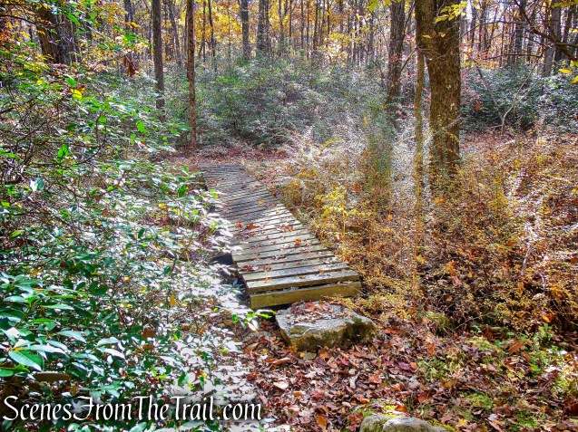 turn right on woods road after crossing footbridge